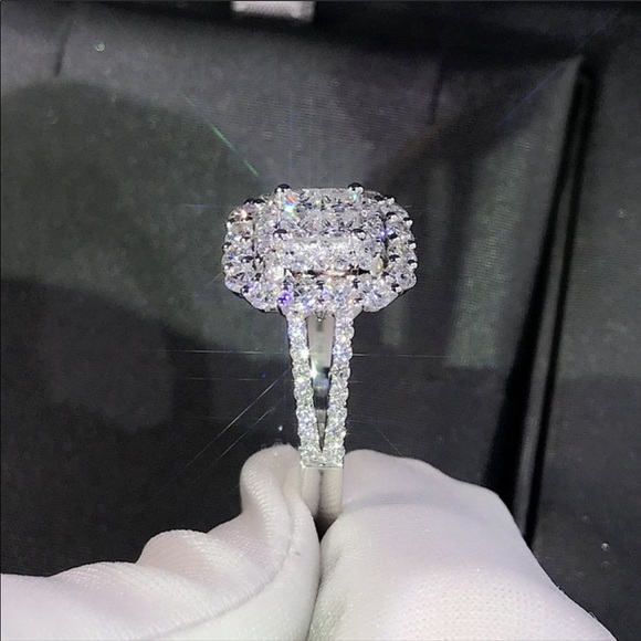 NEW💎925 Sterling Silver Diamond Halo Square Ring - Picture 5 of 8